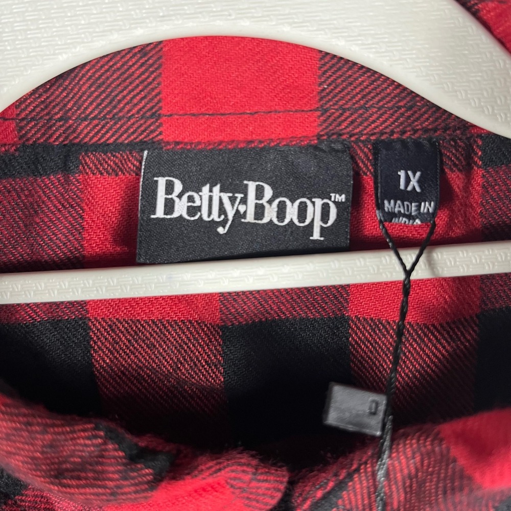 Betty Boop Flannel Shirt Women 1X Multicolor Plaid Colorblock Graphic Back Patch - Picture 3 of 8